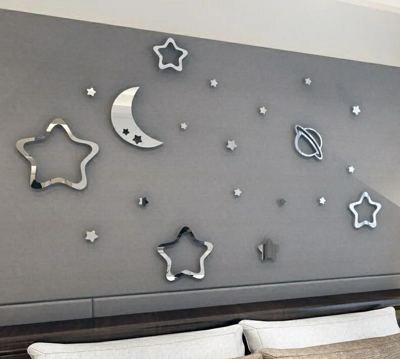 Дзеркальні  пластикові наклейки зірки 40 шт місяць 2 шт сатурн Б336