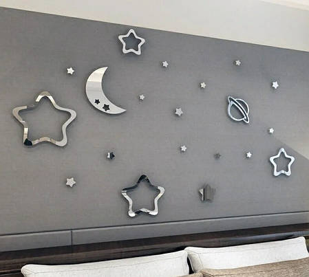 Дзеркальні пластикові наклейки зірки 40 шт місяць 2 шт сатурн Б336, фото 1