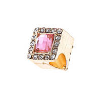 Шарм на браслет сріблястий кулон шарм Намистинка з рожевим каменем у формі квадрата і білими фіанітами
