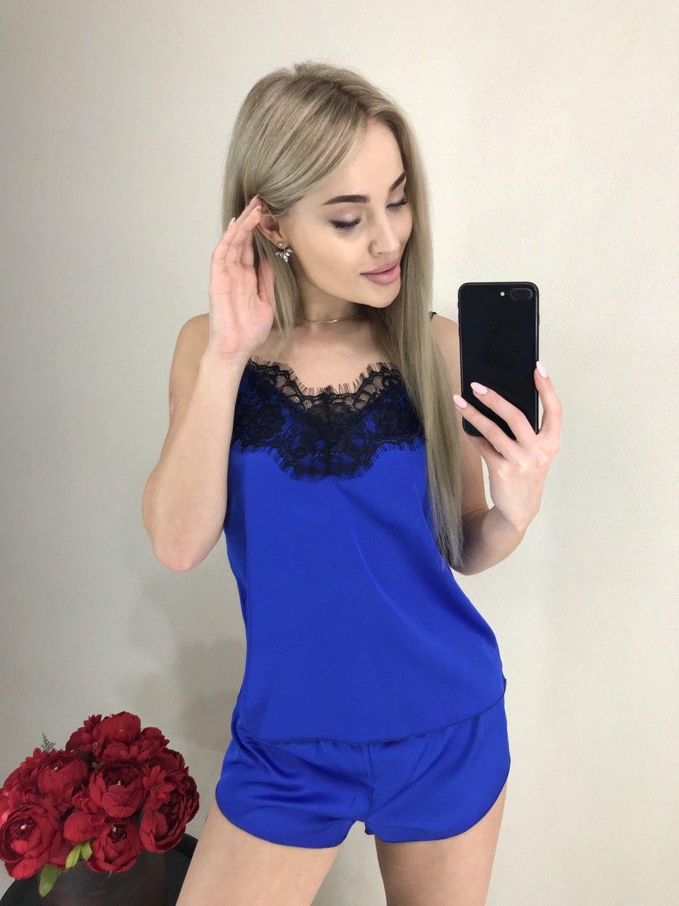 Літня легка жіноча піжама майка і шортики шовкова піжама комплект для сну розмір 40-42 колір синій