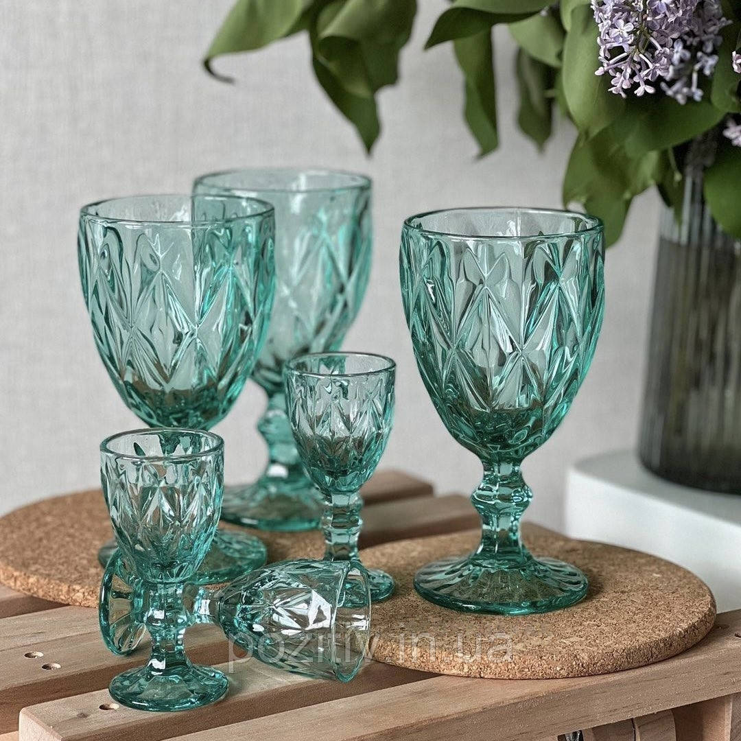 Чарки на ніжці з кольорового скла 40 мл 6 штук бірюзовий, фото 1