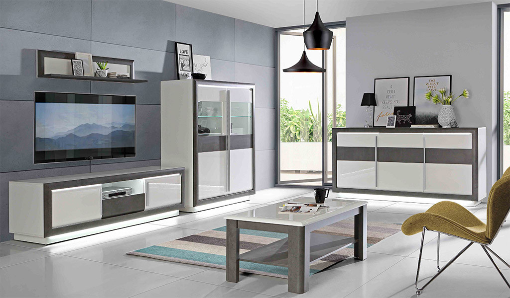 Вітальня Canne Загартоване скло, система безшумного закриття, є, білий / бетон ефект, дуб Нельсон, фото 1