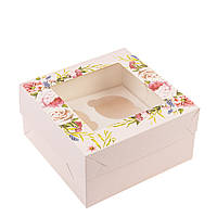 Коробка 170х170х90 (на 4 капкейка) з вікном "Квіти", рожева