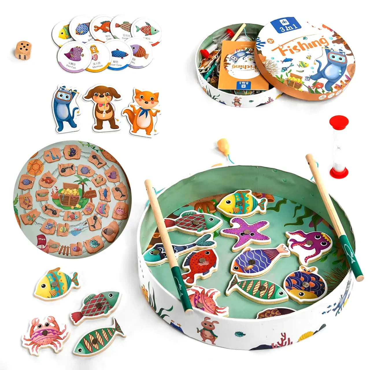 Дерев'яна гра С 47988 "Магнітна рибалка", пісочний годинник, 26 рибок, 26 фішок, 2 вудки, ігров, фото 1