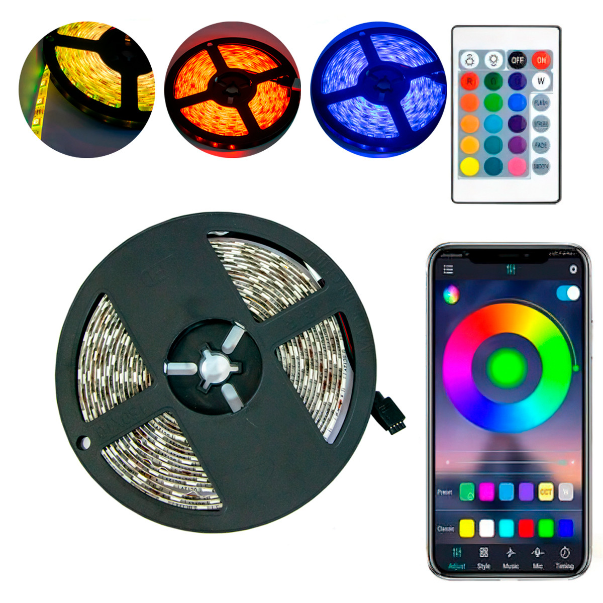 Світлодіодна стрічка з пультом та контролером LED 5050 SMART Bluetooth, Біла основа, rgb led strip 220v