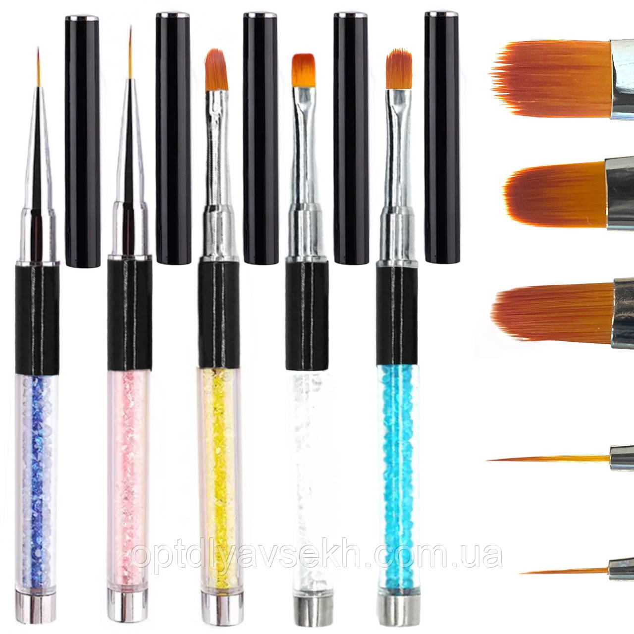 Набір (5 шт./уп.) пензлів для гелевого нарощування + пензлів для дизайну нігтів, з ковпачком та стразами, фото 1