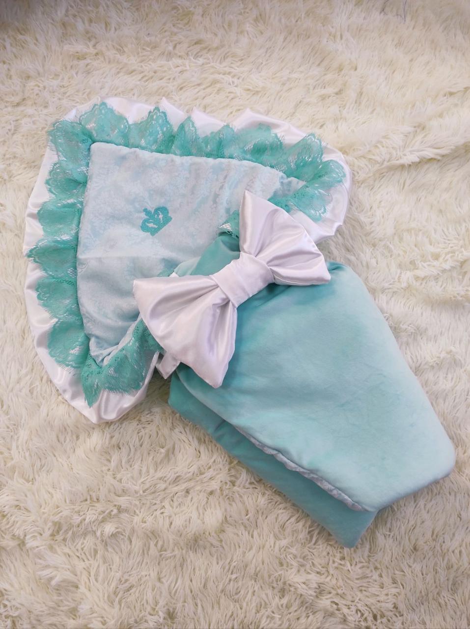 Велюровий літній конверт ковдра для новонароджених, ментоловий, фото 1
