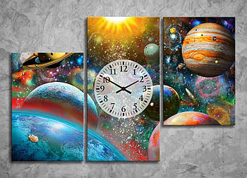 Картина модульна з годинником яскраві фарби Сонячна система Планети Земля Космос Зірки Меркурій габарит 90*70*3