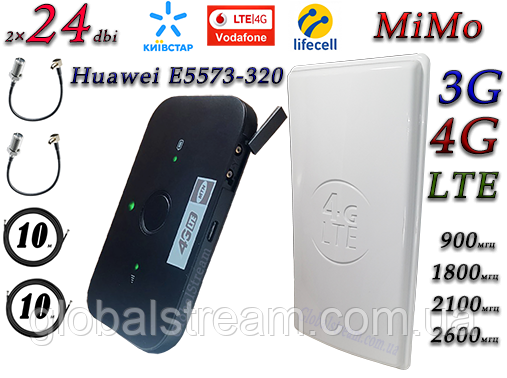 Повний комплект для 4G/LTE/3G з Huawei E5573Bs-320+ і Антена планшетна MIMO 2×24dbi (48 дб) 698-2690 МГц