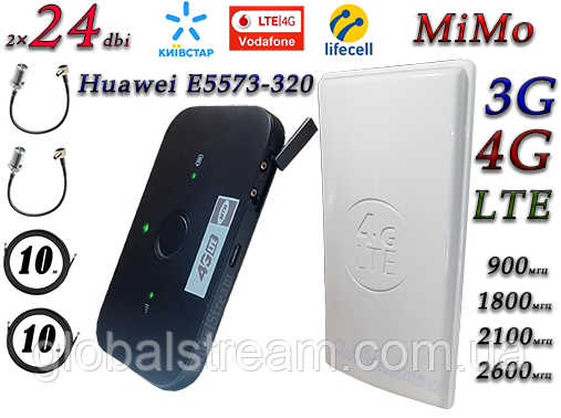 Повний комплект для 4G/LTE/3G з Huawei E5573Bs-320+ і Антена планшетна MIMO 2×24dbi (48 дб) 698-2690 МГц, фото 1