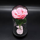 Троянда в колбі 20 см з LED-підсвіткою, Рожева з чорною дерев'яною підставкою/Квітка-нічник вічна троянда, фото 7