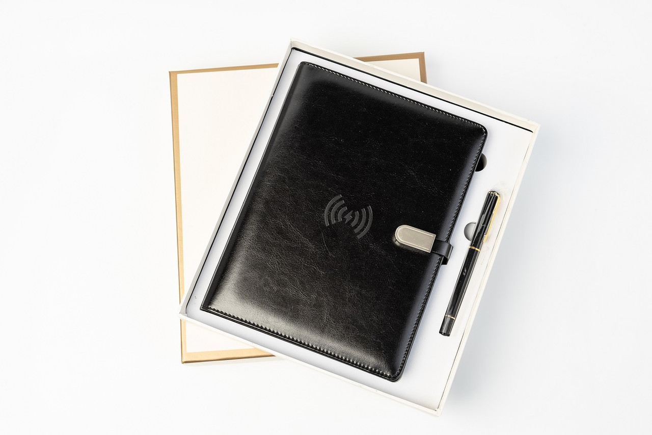 Блокнот з бездротовою зарядкою Powerbank 8000 мАч з флешкою 16 Гб та ручкою Чорний, фото 1