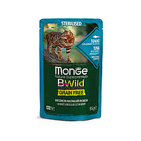 MONGE BWILD Sterilised Беззерновая консерва из тунца с креветками и овощами для стерилизованных кошек 85 гр