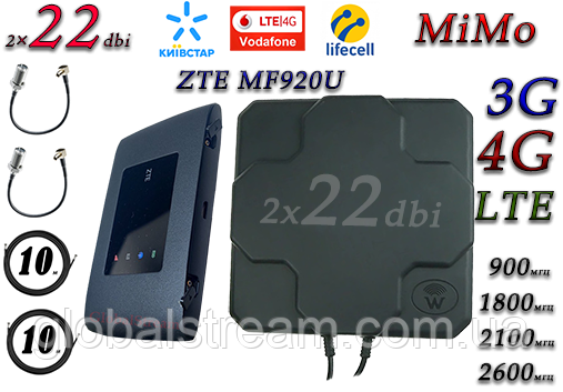 Повний комплект для 4G/LTE/3G з WiFi Роутер ZTE MF920U + Антена планшетна MIMO 2×22dbi ( 44 дб) 698-2690 МГц