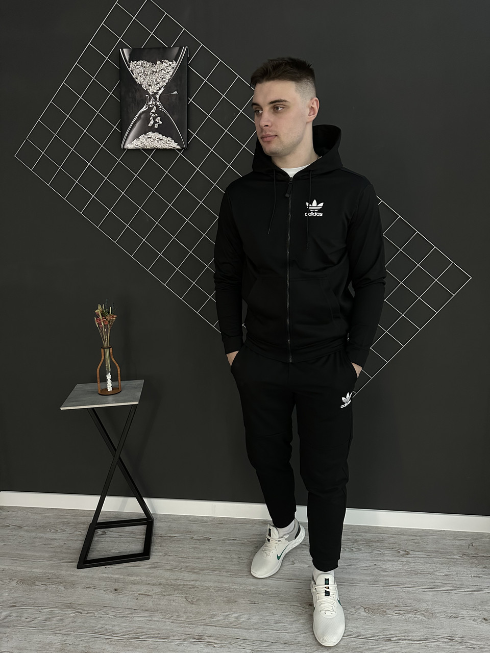 Чоловічий спортивний костюм Adidas чорний на блискавці весняний осінній ⁇ Комплект худі та штани Адідас