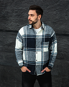 Сорочка чоловіча в карту оверсайз демісезонна з довгим рукавом тепла осінь зима сорочки байкові стильні M, Білий, Сорочка