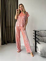 Женская велюровая пижама костюм для дома с футболкой и брюками бордовая персиковая норма и батал