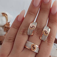 Комплект серебряный кольцо и серьги Динара с золотом и фианитами