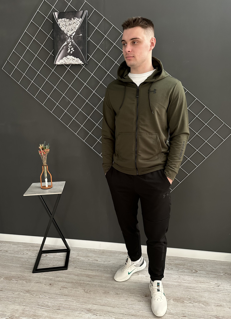 Чоловічий спортивний костюм Under Armour чорний із хакі на блискавці весняний ⁇ Комплект худі та штани Андер Армор, фото 1