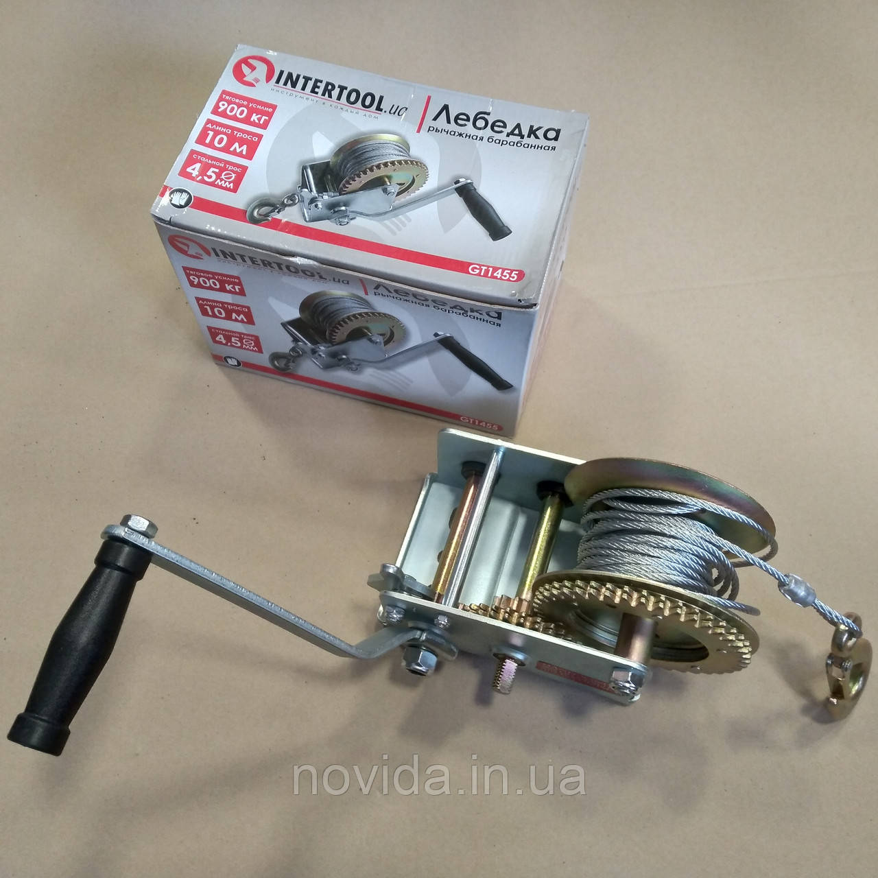 Лебідка барабанна важільна, сталевий трос, тягове зусилля 900 кг INTERTOOL GT1455
