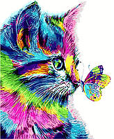Картина по номерам Цветной кот с бабочкой, 40х50 Strateg Премиум с лаком и уровнем (VA-2148)
