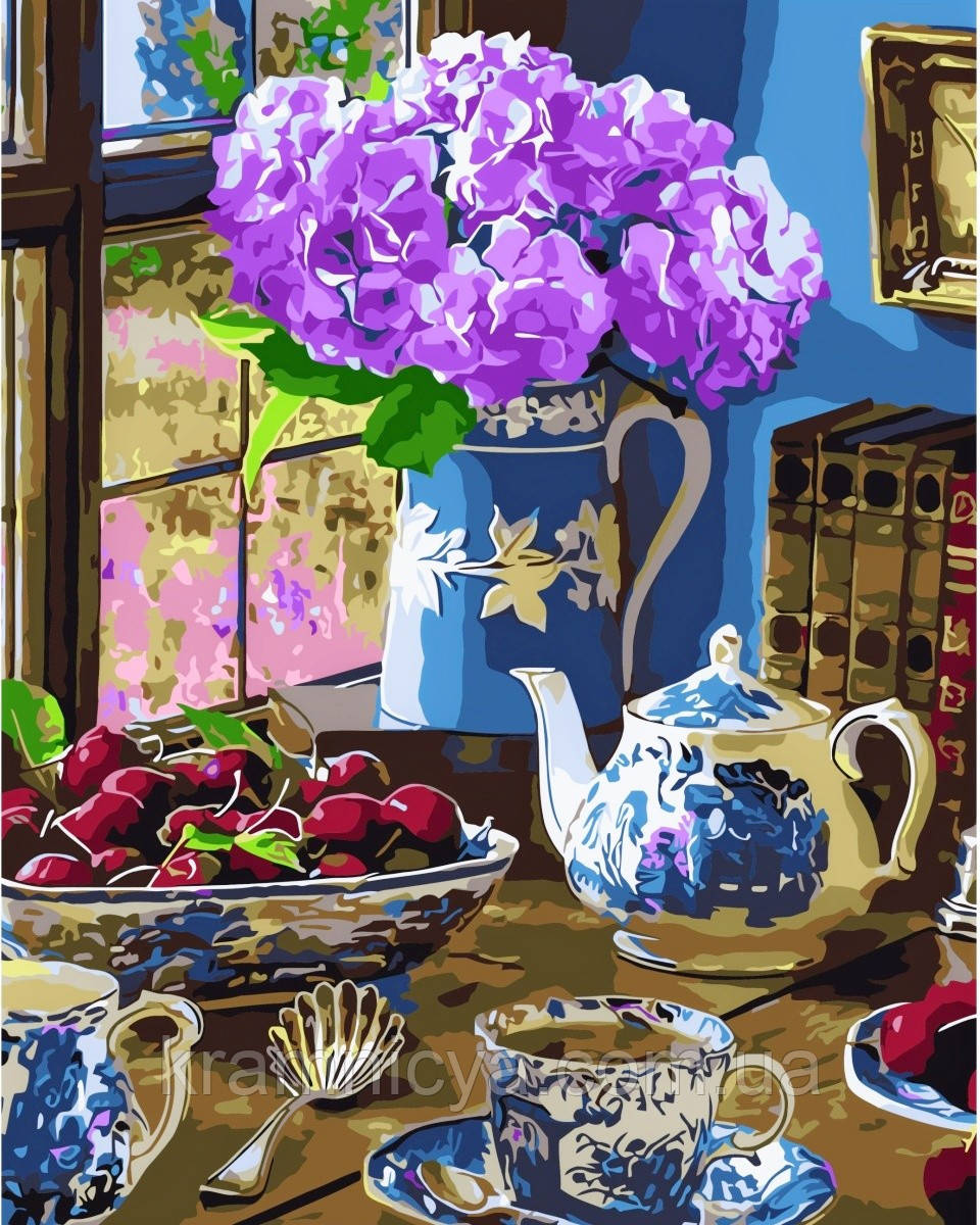 Картина за номерами Гортензія та черешні, 40х50 Strateg Преміум з лаком та рівнем (SY6822), фото 1