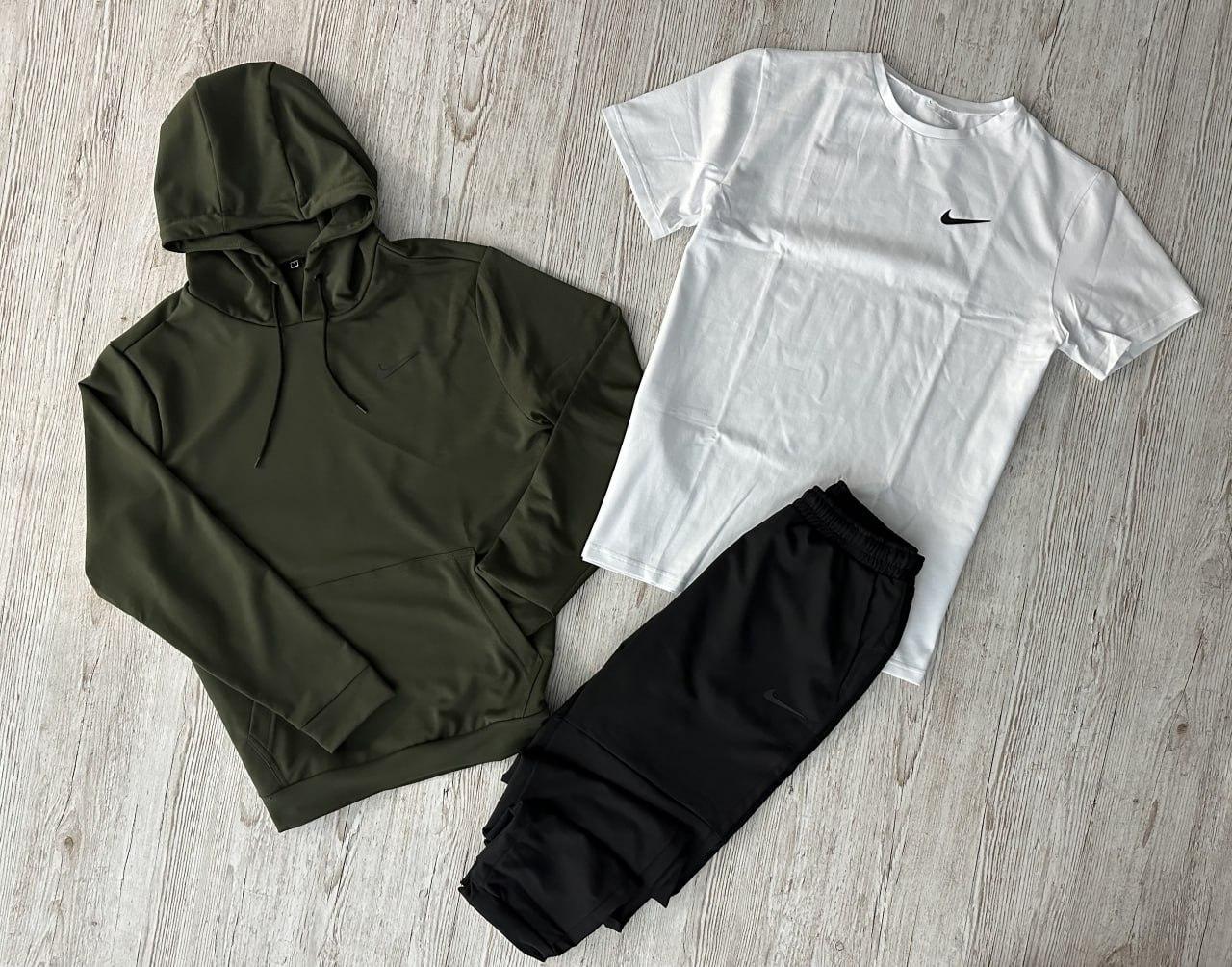 Чоловічий спортивний костюм Nike 3в1 хакі з білою весняною осінністю ⁇ Комплект Худі + Штани + Футболка Найк