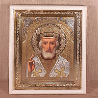 Икона Николай Чудотворец святой, лик 15х18 см, в белом прямом деревянном киоте