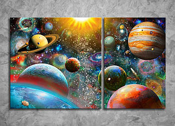 Модульна картина на полотні космос парад планет Земля Сатурн Меркурій Зірки габарит 100*60 із 2 частин