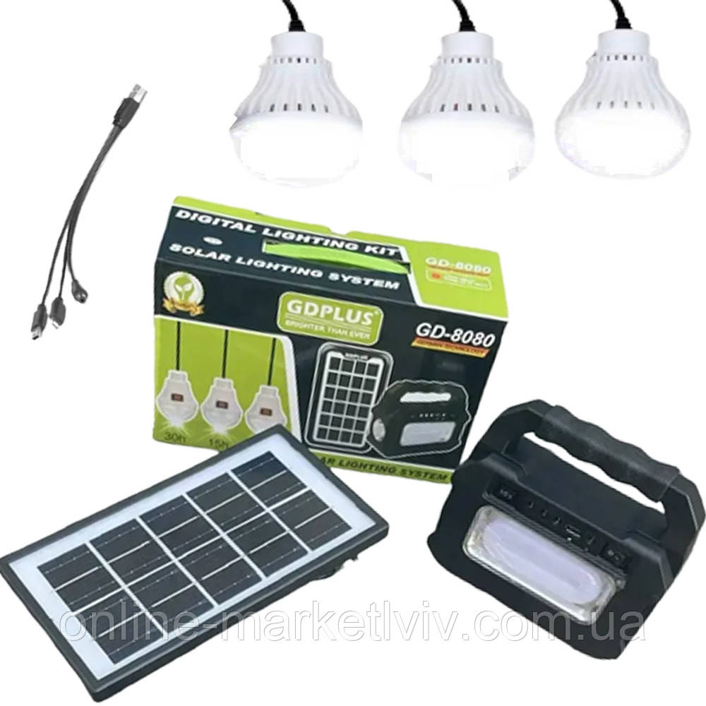 Ліхтар з сонячною батареєю, 3 лампи, 3600mach, GD-8080 / Портативна електростанція, фото 1