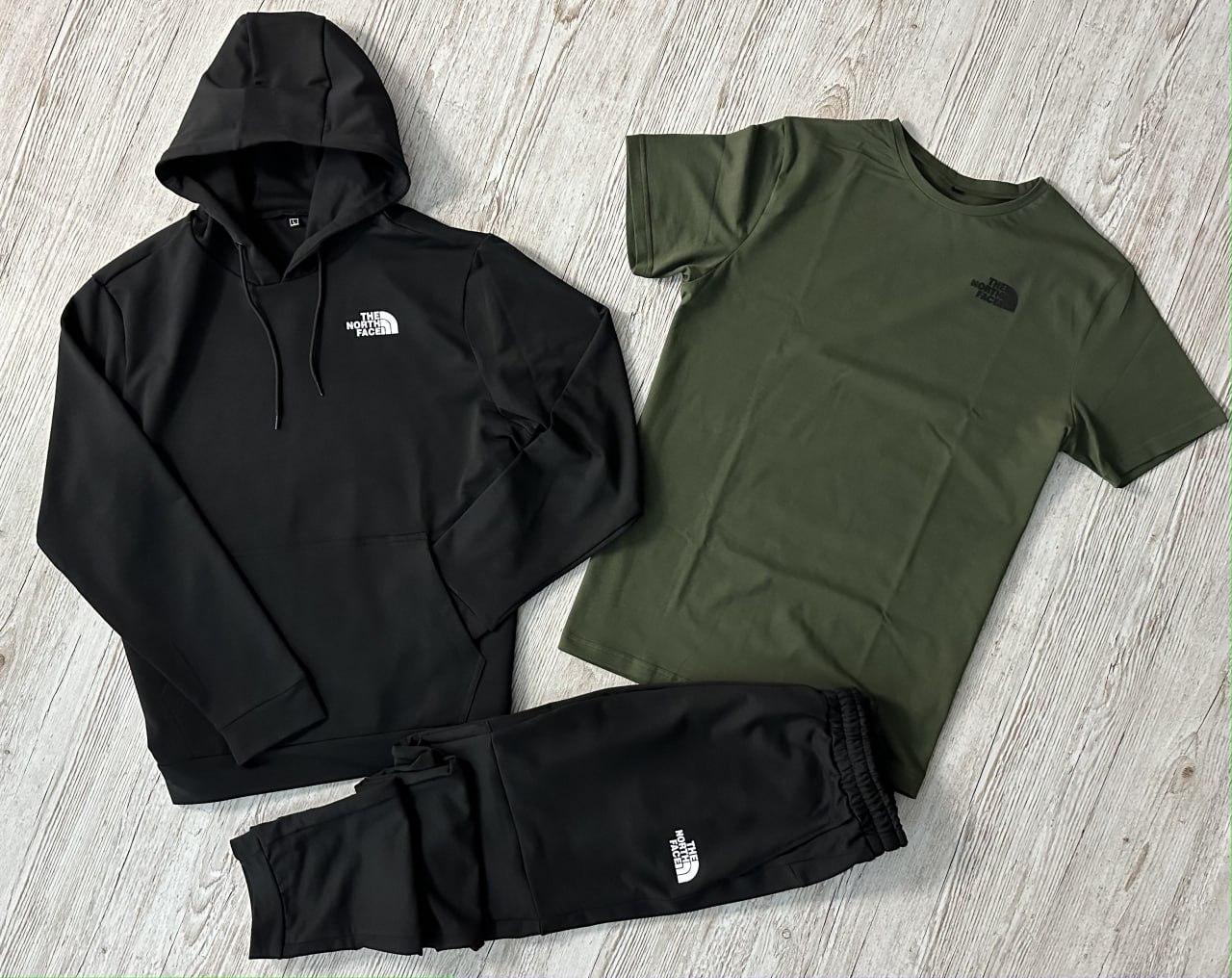 Чоловічий спортивний костюм The North Face 3в1 чорний з хакі ⁇ Комплект Зе Норт Фейс Худі + Штани + Футболка