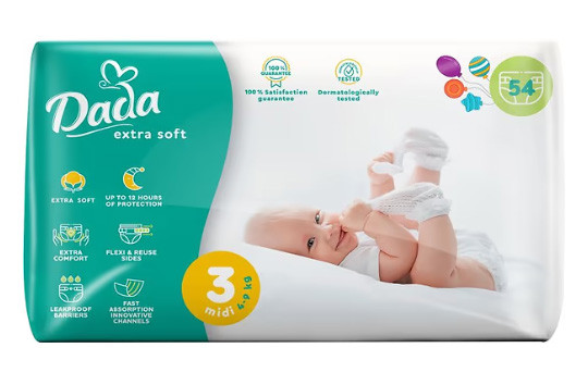 Підгузники одноразові Dada Extra soft 3 MIDI для немовлят вагою 4-9 кг 54 шт
