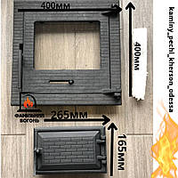 Дверцы чугунные печные размер монтажный по раме 35х35см.Комплект чугунных дверок со стеклом для печи,камина