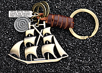 Брелок на ключи металл цвет под бронзу корабль парусник яхта ретро оплетка