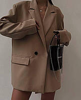 Женский удлиненный оверсайз пиджак с карманами на пуговице (черный, бежевый) 42-44 и 44-46 размеры 44/46,