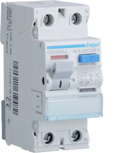 Диференціальне реле (ПЗВ) 2-полюсний Hager CDC240J 1P+N 40А 30 мА AC, фото 1