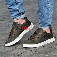 Только 40р и 41р Кроссовки мужские хаки кожаные стильные кеды Кросівки чоловічі хакі шкіряні кеди (Код: Л3099)