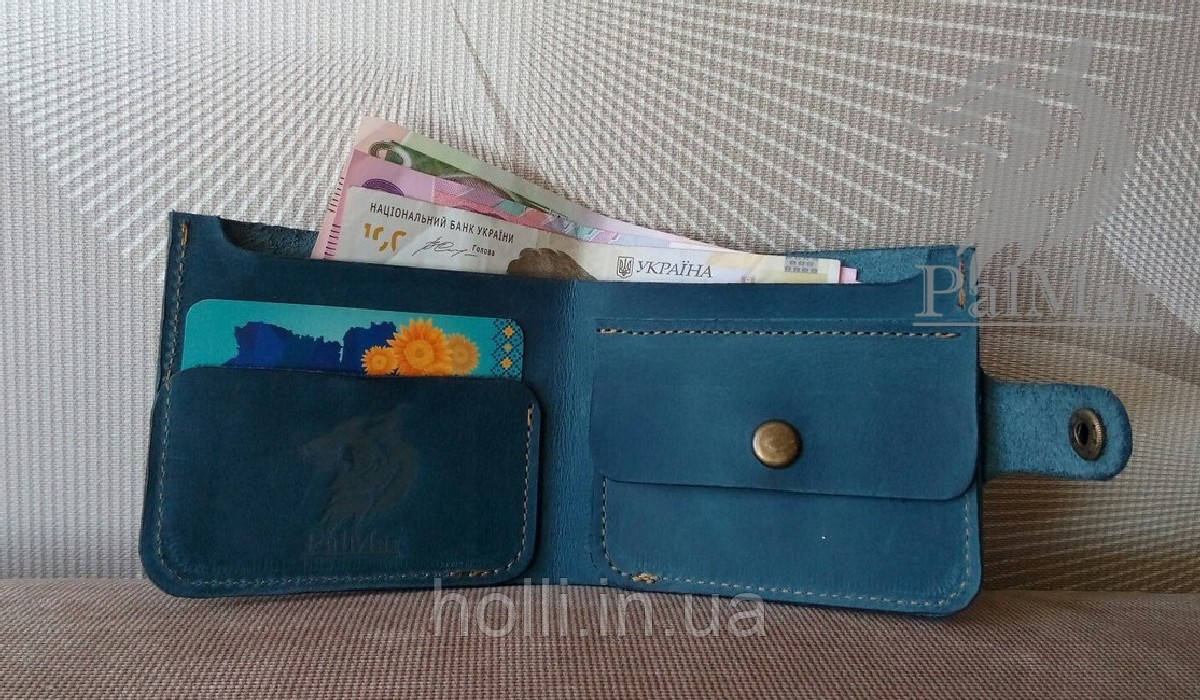 Шкіряний гаманець "Вlue" ручної роботи, натуральна шкіра, на кнопці+гравіювання, фото 1