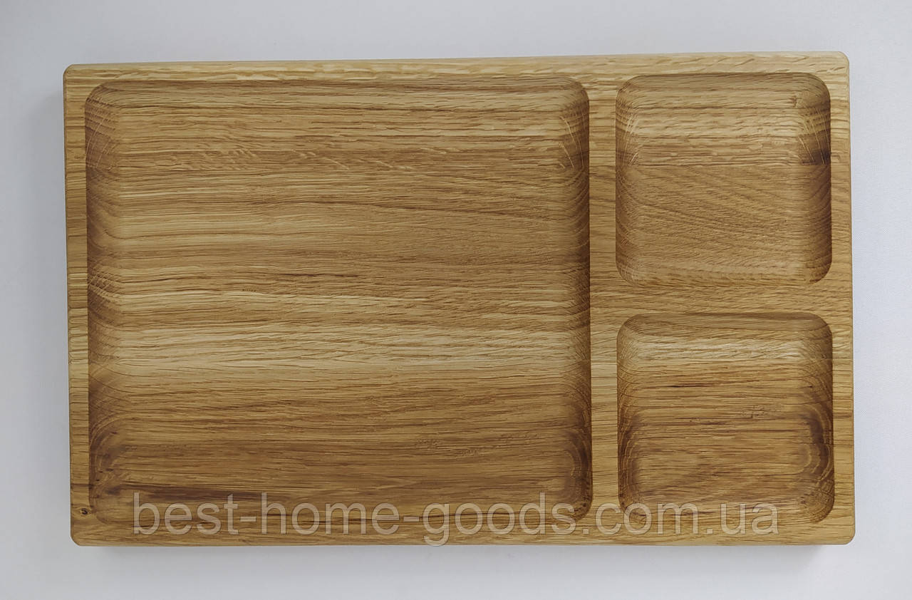 Дерев'яний двосторонній піднос для нарізки і подачі з дуба 40×25 см, натуральний дерев’яний кухонний піднос з лляним маслом, фото 1