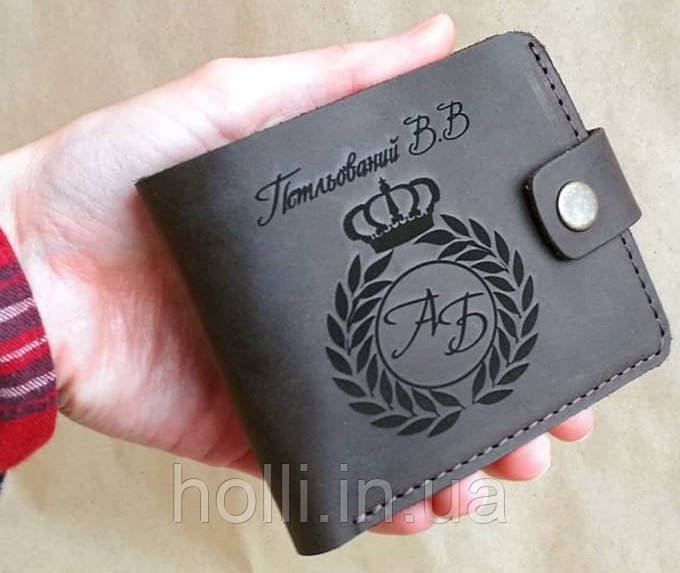 Чорний Шкіряний гаманець з гравіюванням, гаманець з ініціалами, іменний гаманець, Іменний портмоне для подарунка