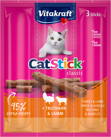 Ласощі для котів Vitakraft м'ясні палички з індичкою та ягням, 3 шт*6 г, фото 1