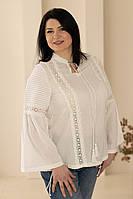 Красива літня жіноча ажурна біла батистова блуза бохо з мереживом та зав'язками на рукавах №5001 56
