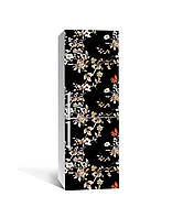 Виниловая наклейка на холодильник Мелкие цветы на темном фоне пленка ПВХ с ламинацией 65*200см цветы Черный