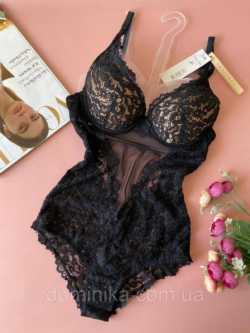 Мереживний чорно-бежевий боді на чашку В