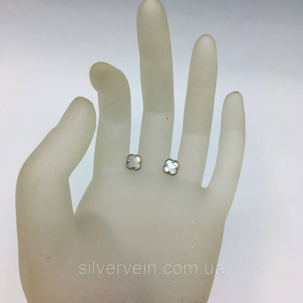 Срібні сережки Конюшина Перламутр  пусети, фото 1