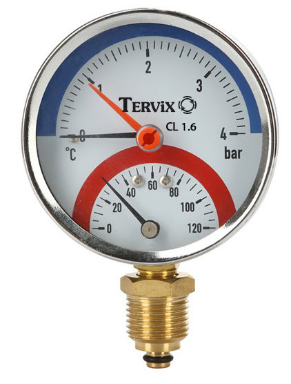 Термоманометр Tervix Pro Line 80/0-10 бар, 0-120 °С, радіальний, з монтажним клапаном R1/2" (357318), фото 1