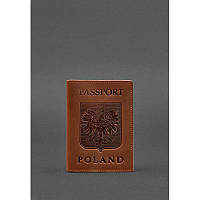 Кожана обкладинка для паспорта з польським гербом світло-коричнева Crazy Horse