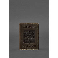 Кожана обкладинка для паспорта з польським гербом темно-коричнева Crazy Horse