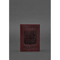 Кожана обкладинка для паспорта з польським гербом бордова Crazy Horse
