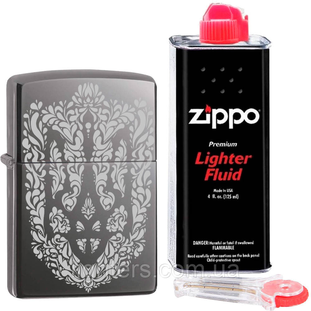 Набір Zippo "Укрина з вишиванкою" + кремній + бензин зипо